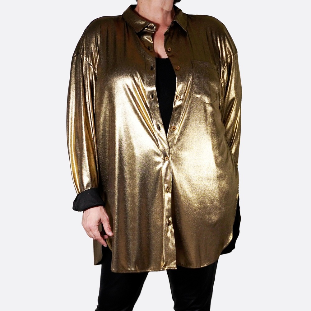 FORE Liquid Gold Metallic Shirt Studio 54 Disco Glam Oversized Plus Size 1X 2X